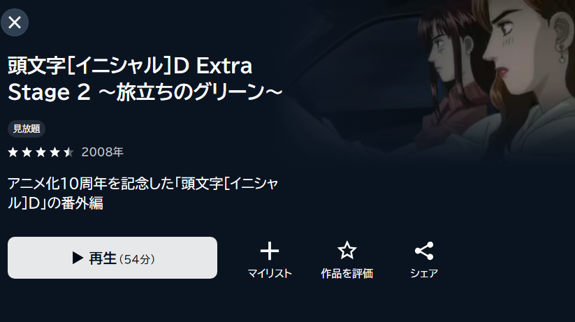 頭文字[イニシャル]D Extra Stage 2 ～旅立ちのグリーン～（OVA） U-NEXT