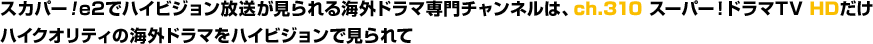 スカパー！e2でハイビジョン放送が見られる海外ドラマ専門チャンネルは、ch.310 スーパー！ドラマTV HDだけ
ハイクオリティの海外ドラマをハイビジョンで見られて